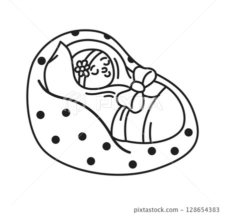 Black and White Illustration of Baby Sleeping in Blanket 128654383