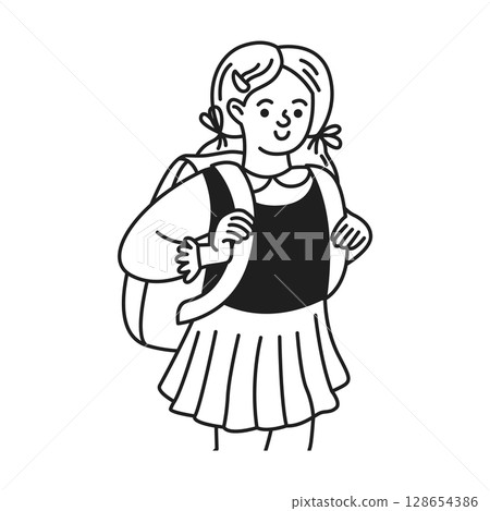 Smiling Girl with Backpack Black and White Illustration Smiling Girl with Backpack Black and White Illustration 128654386