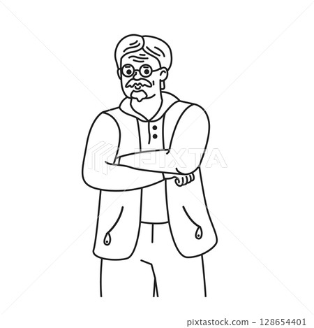 Confident Elderly Man in Minimalist Line Art 128654401