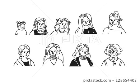 Diverse Female Characters in Simple Line Art Style 128654402