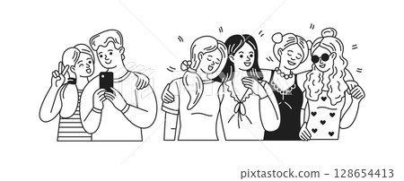 Happy Group of Friends Taking Selfies and Smiling Happy Group of Friends Taking Selfies and Smiling 128654413