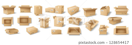 Collection of Various Cardboard Boxes Open and Closed 128654417