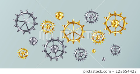 Colorful Interlocking Metallic Gears Background 128654422