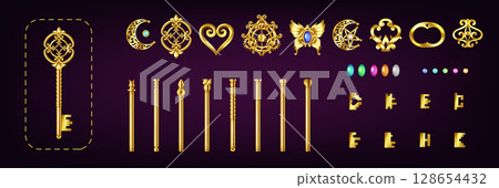 Elegant golden key designs with ornate decorations 128654432