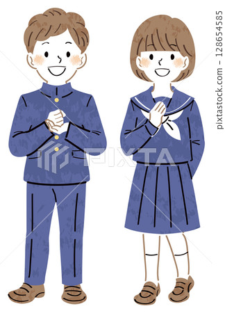 Illustration of male and female students in uniforms who are satisfied with the solution, full body 128654585
