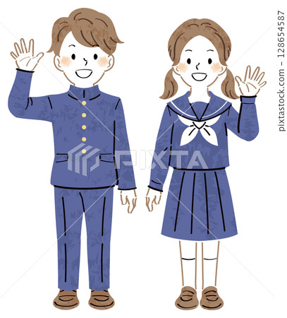 Illustration of male and female students in uniforms smiling and waving, full body 128654587