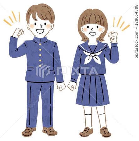 Illustration of male and female students in uniforms smiling and raising their fist in the air Illustration of male and female students in uniforms smiling and raising their fist in the air 128654588