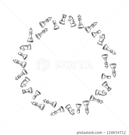 Chess sketch hand-drawn frame with circular figure layout Chess sketch hand-drawn frame with circular figure layout 128654712