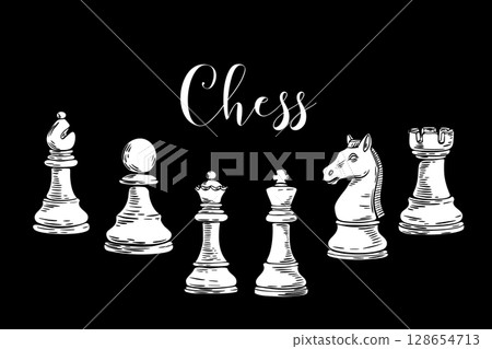 Chess sketch illustration with white figures on black 128654713
