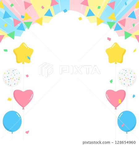 Cloud-shaped background frame, balloons, confetti and garland decorations 128654960
