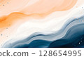 Abstract flowing waves of orange white and blue with subtle glitter particles creating a serene and elegant background 128654995