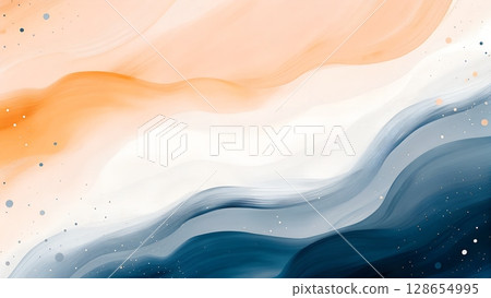 Abstract flowing waves of orange white and blue with subtle glitter particles creating a serene and elegant background 128654995