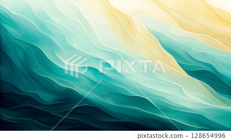 Abstract flowing waves of turquoise and gold with soft light and smooth curves Abstract flowing waves of turquoise and gold with soft light and smooth curves 128654996