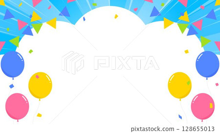 Cloud-shaped background frame, balloons, confetti and garland decorations Cloud-shaped background frame, balloons, confetti and garland decorations 128655013