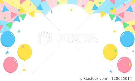 Cloud-shaped background frame, balloons, confetti and garland decorations Cloud-shaped background frame, balloons, confetti and garland decorations 128655014