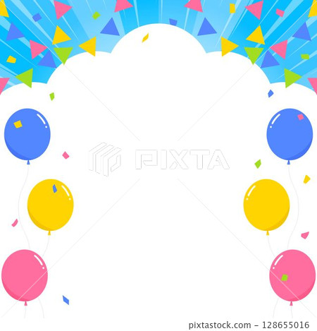 Cloud-shaped background frame, balloons, confetti and garland decorations 128655016
