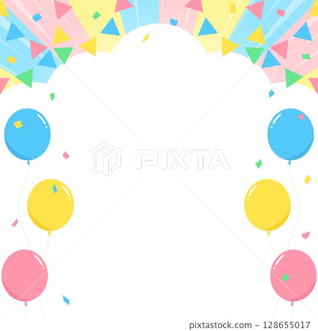 Cloud-shaped background frame, balloons, confetti and garland decorations 128655017
