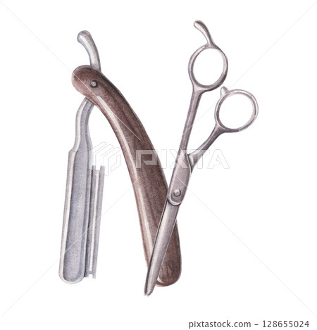 Vintage razor and scissors. Watercolor illustration of barbershop tools hand-painted on white. Ideal for barbershop, hairdresser branding, grooming designs, printing, cards and retro-themed projects 128655024