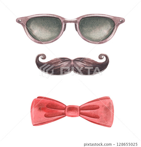 Sunglasses, curled mustache, and bow tie. Hand-painted watercolor illustration isolated on white background. Perfect for hipster branding, barbershop decor, men s fashion, gentleman-themed designs 128655025