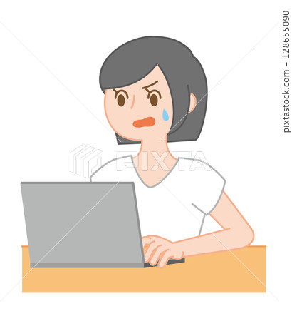 一位女士在使用電腦時遇到問題的插圖 128655090