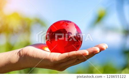 AI圖像：由玻璃製成的鮮紅色地球 128655122