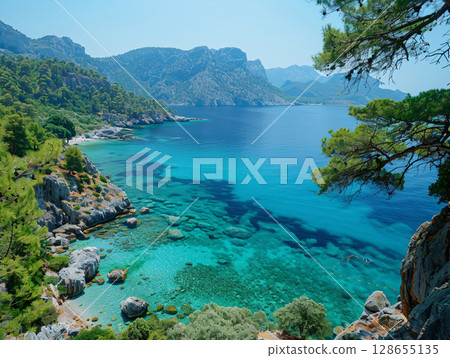 Overlooking crystal blue lagoons, sea, ocean and hills on the horizon. summer background. AI Generated. 128655135