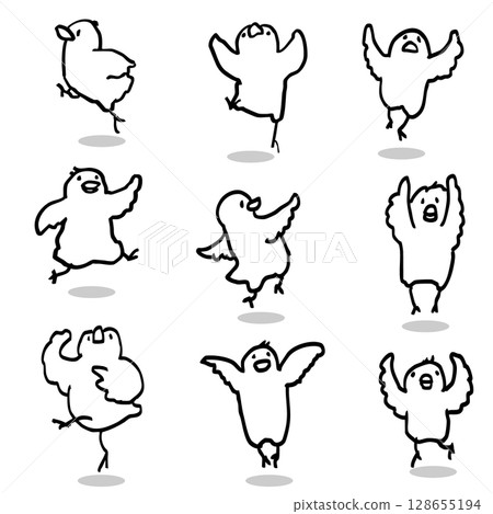 可愛又可愛的跳躍小雞套裝-線條畫 128655194