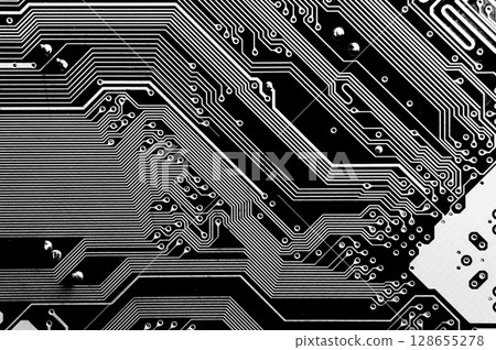 electronic board as abstract background, template. Processor lying, PC board. Technological background 128655278