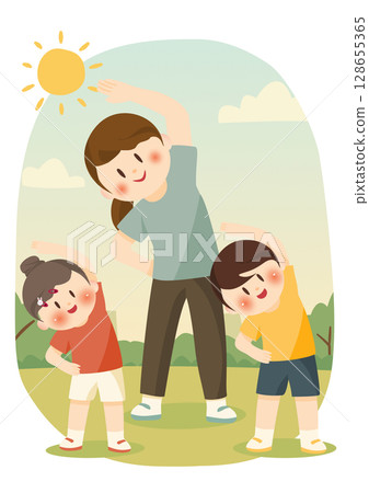 適合父母和孩子的有趣晨練，家庭伸展運動 128655365