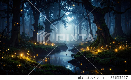 AI image: A forest at night with a swarm of glowing fireflies 128655367