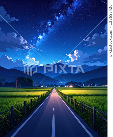 AI image: Country road at night with stars shining 128655426