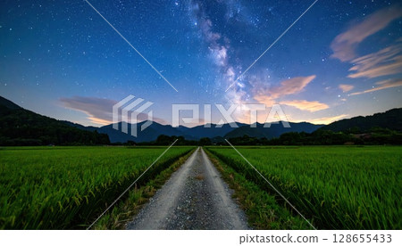 AI 圖片：夜晚的鄉村道路，星光閃耀 128655433
