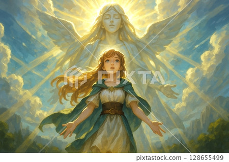 A girl surrounded by heavenly light and the appearance of a guardian angel 128655499