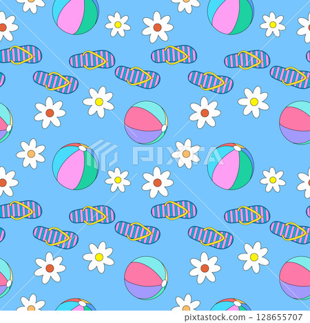 Summer seamless pattern of beach balls, striped flip flops, and white daisy flowers on blue background. For summertime or vacation theme, clothing design, bedding, wrapping paper, nursery wallpaper. Summer seamless pattern of beach balls, striped flip flops, and white daisy flowers on blue background. For summertime or vacation theme, clothing design, bedding, wrapping paper, nursery wallpaper. 128655707