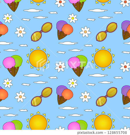 Summer seamless pattern of ice cream cones, sun, sunglasses, clouds, and white flowers on blue sky background. For summertime theme, clothing design, bedding, wrapping paper, and nursery wallpaper. Summer seamless pattern of ice cream cones, sun, sunglasses, clouds, and white flowers on blue sky background. For summertime theme, clothing design, bedding, wrapping paper, and nursery wallpaper. 128655708