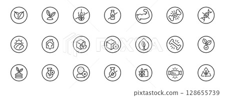 Healthy Food Icon set in round forms and Line Art Style for Certified Organic Claims, Packaging, Branding, Ad, etc. Elements in a vector illustration Healthy Food Icon set in round forms and Line Art Style for Certified Organic Claims, Packaging, Branding, Ad, etc. Elements in a vector illustration 128655739
