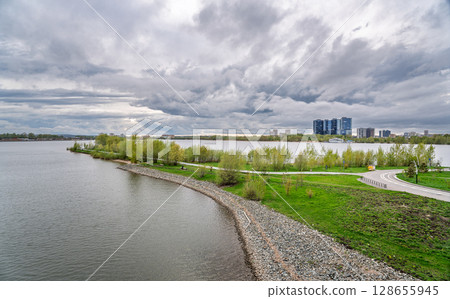 Picturesque panoramic view of the Kazanka River and the city of Kazan Picturesque panoramic view of the Kazanka River and the city of Kazan 128655945