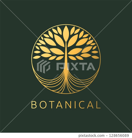 Golden tree logo. Botanical ecological premium quality emblem. Decorative badge, organic logotype, nature garden symbol. Herbal logo. Minimalist elegant design. Vector isolated plant illustration Golden tree logo. Botanical ecological premium quality emblem. Decorative badge, organic logotype, nature garden symbol. Herbal logo. Minimalist elegant design. Vector isolated plant illustration 128656089