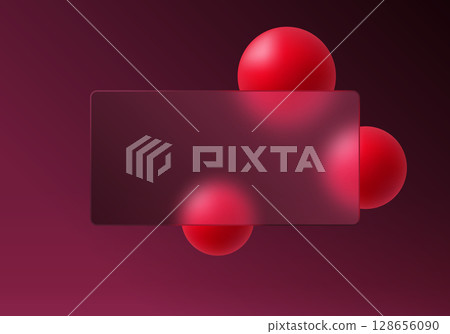 Glass morphism panel with ruby red glossy spheres. 128656090