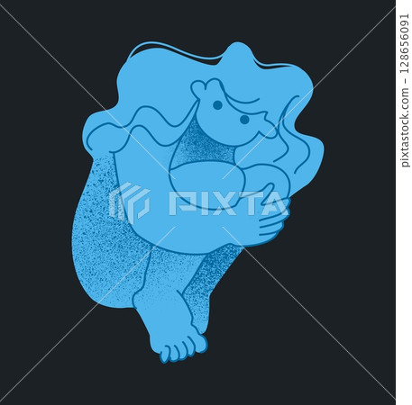 Cubism drawing. Woman pose. Naked girl beauty. Unhappy pose. Minimalist young female nude figure. Blue feminine body painting. Sad emotion expression. Mental depression. Vector abstract sketch card 128656091