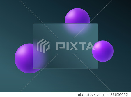 Glass morphism panel with vivid violet spheres on teal background. 128656092