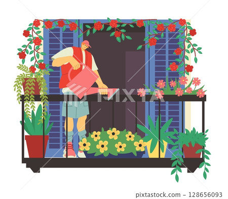 City building. Man watering flowers. Home balcony. Guy caring of plants in flowerpots House garden terrace. Summer domestic gardening. Apartment window. Young gardener growing blossoms. Vector concept 128656093