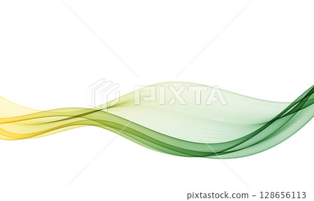 Green and yellow flowing wave lines on white background. 128656113