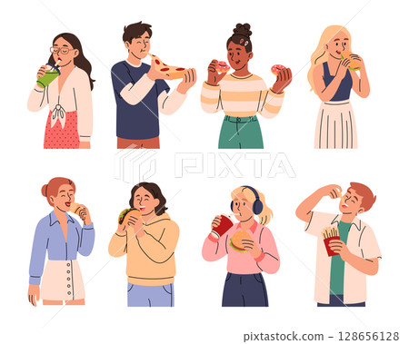 People chew food. Character having lunch. Office snacks. Tasty outdoor meal. Man and woman eating fastfood on go. Enjoy break with sandwich and cola drink. Unhealthy burger. Vector illustrations set People chew food. Character having lunch. Office snacks. Tasty outdoor meal. Man and woman eating fastfood on go. Enjoy break with sandwich and cola drink. Unhealthy burger. Vector illustrations set 128656128