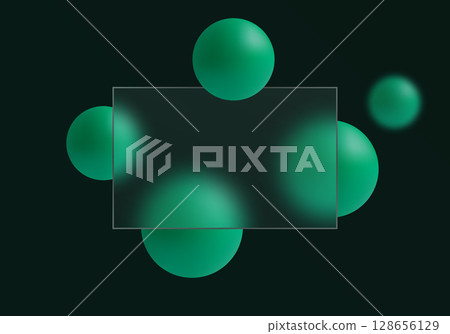 Dark glass morphism panel with green spheres on black background. Dark glass morphism panel with green spheres on black background. 128656129