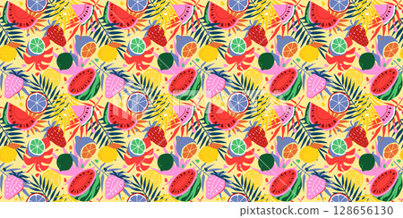 Tropical fruit pattern. Summer leaves, exotic background with watermelon, citrus. Creative textile. Fresh juicy seamless decoration textile, wrapping paper, wallpaper. Print for fabric. Vector design 128656130
