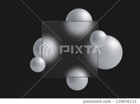 Dark glass morphism panel with silver spheres on black background. Dark glass morphism panel with silver spheres on black background. 128656131