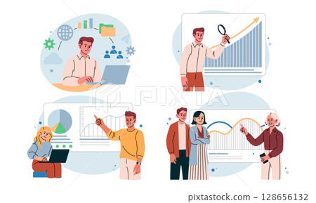 Big data analysis. Business people chart. Digital platform. Analytics gathering. Project infographic visualization. Corporate research. Businessman presenting report at whiteboard. Vector concepts set Big data analysis. Business people chart. Digital platform. Analytics gathering. Project infographic visualization. Corporate research. Businessman presenting report at whiteboard. Vector concepts set 128656132