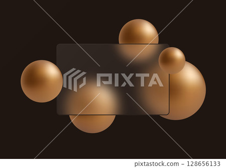 Dark glass morphism panel with bronze spheres on black background. Dark glass morphism panel with bronze spheres on black background. 128656133