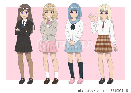 Anime girl. Manga character. Japanese dress. Smile and gesture. Trendy school clothing. Cartoon cute eyes. Face of Japan. Female uniform. Happy pose. Comic drawing. Vector young Asian students set Anime girl. Manga character. Japanese dress. Smile and gesture. Trendy school clothing. Cartoon cute eyes. Face of Japan. Female uniform. Happy pose. Comic drawing. Vector young Asian students set 128656148